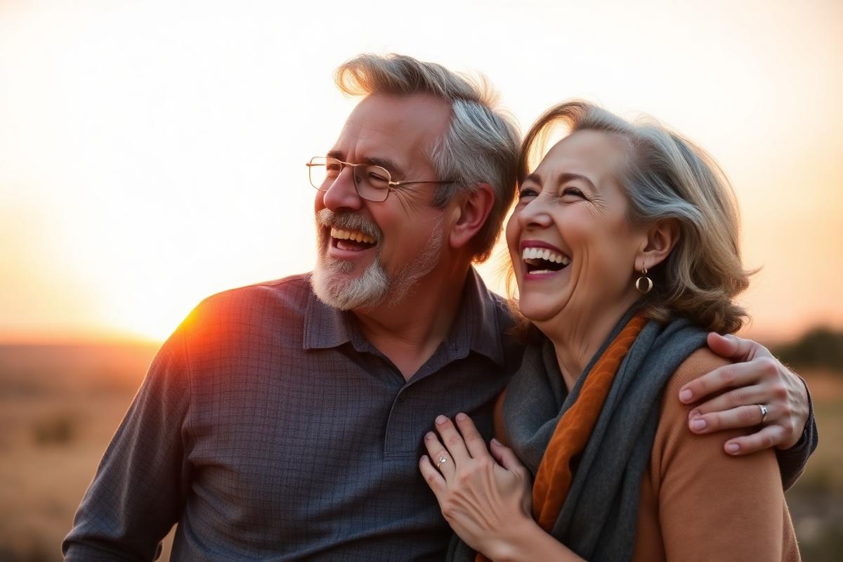 Couple souriant au coucher du soleil