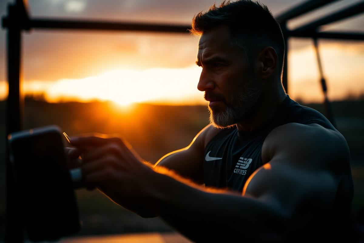 Homme de 40 ans à l'entraînement au lever du soleil